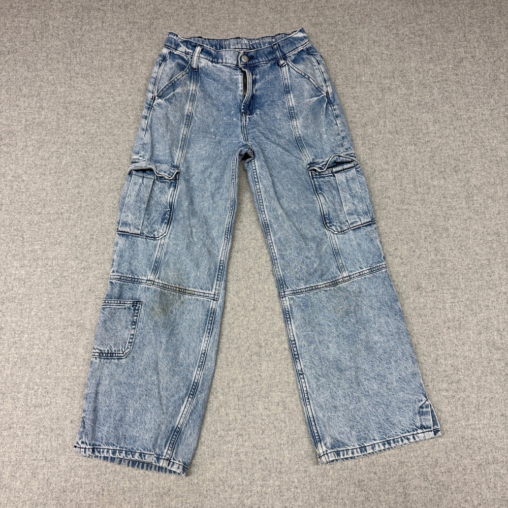 Gap Kids Low Stride Cargo Jeans Size 16 Blue Acid Wash Wide Leg Cotton Utility